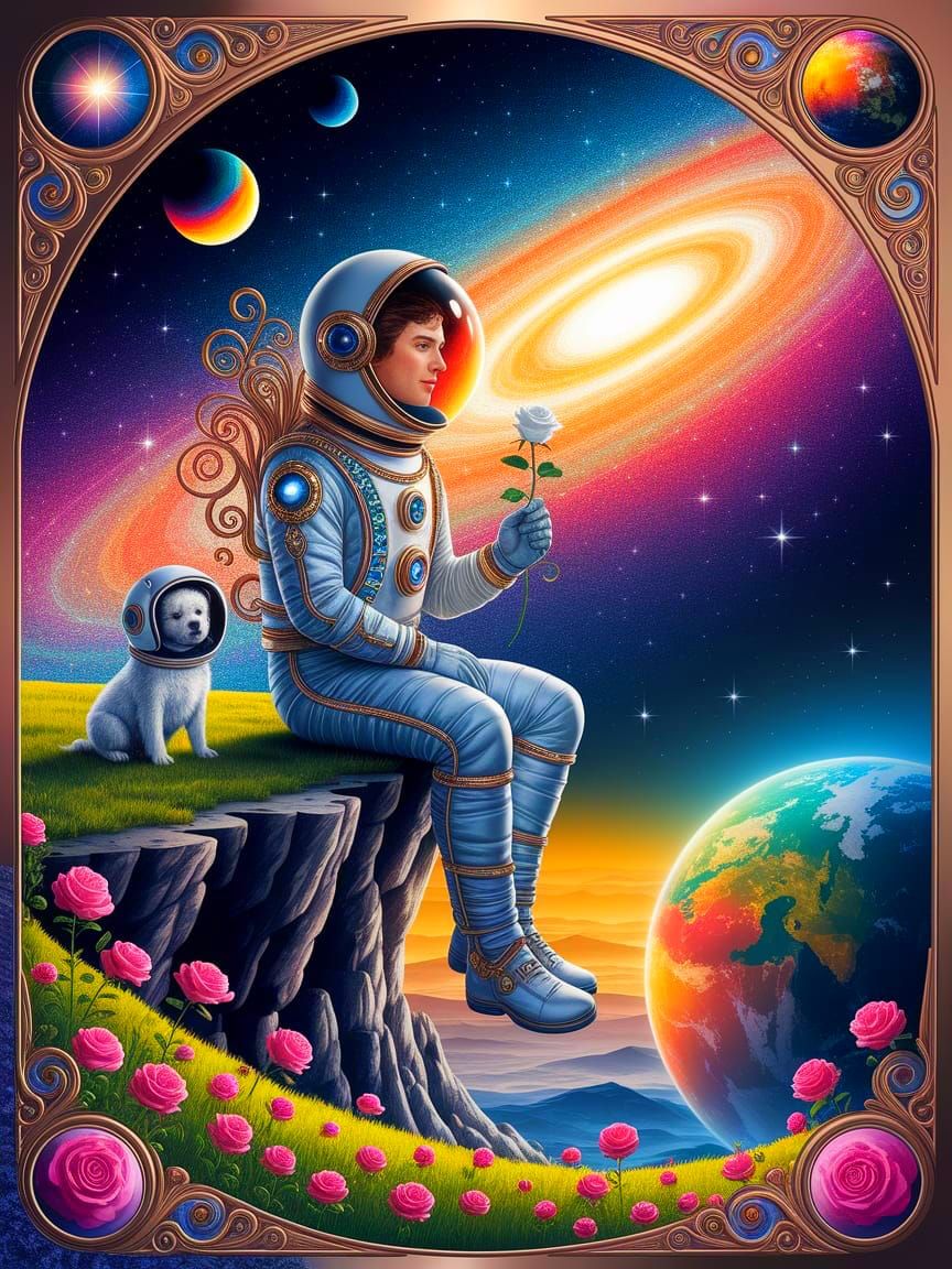 Astronaut in Art Nouveau Luxe Spacesuit on the Moon with Ros...