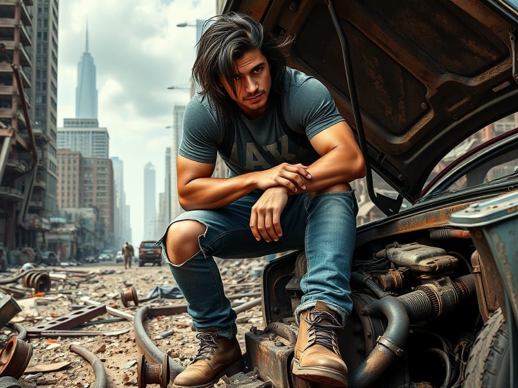 Rugged Latino Mechanic in Post-Apocalyptic Ruins