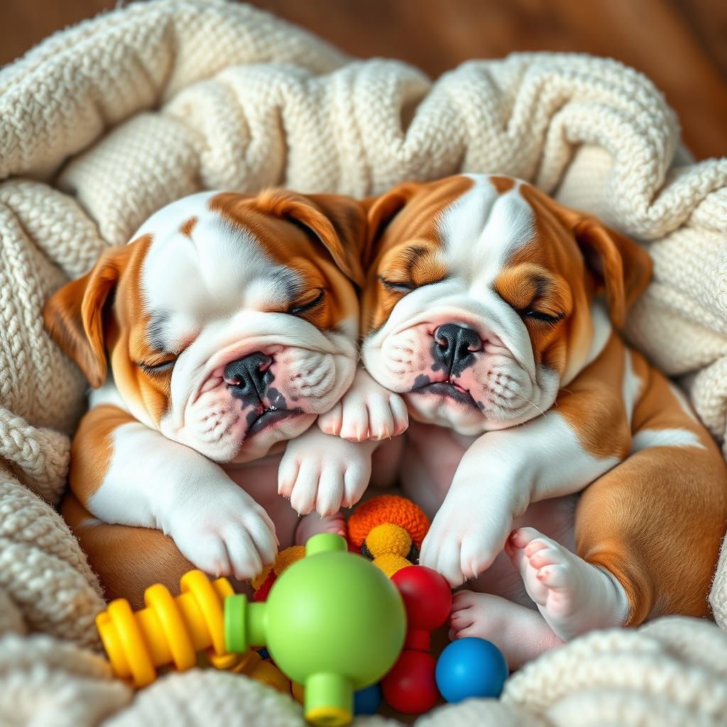 Cute British Bulldog Puppies Sleep Together in Colorful Scen...