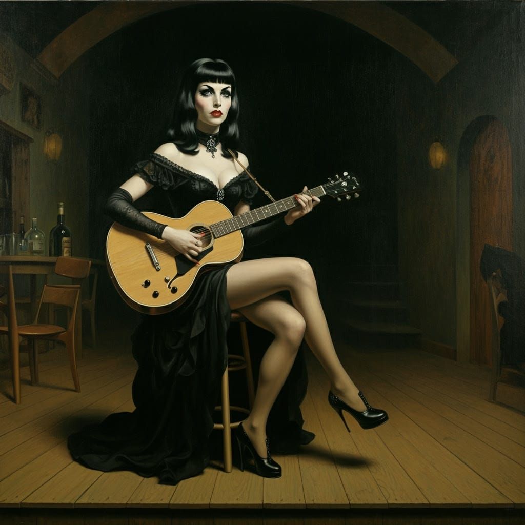 Goth Bettie Page Plays Guitar: Surrealist Oil Painting