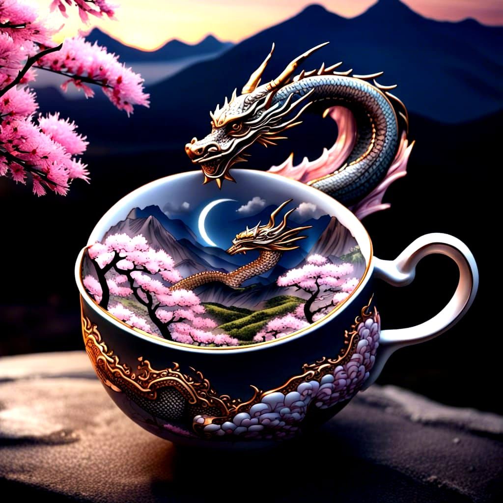 Ornate Dragon Teacup in Sakura Valley: Photorealistic