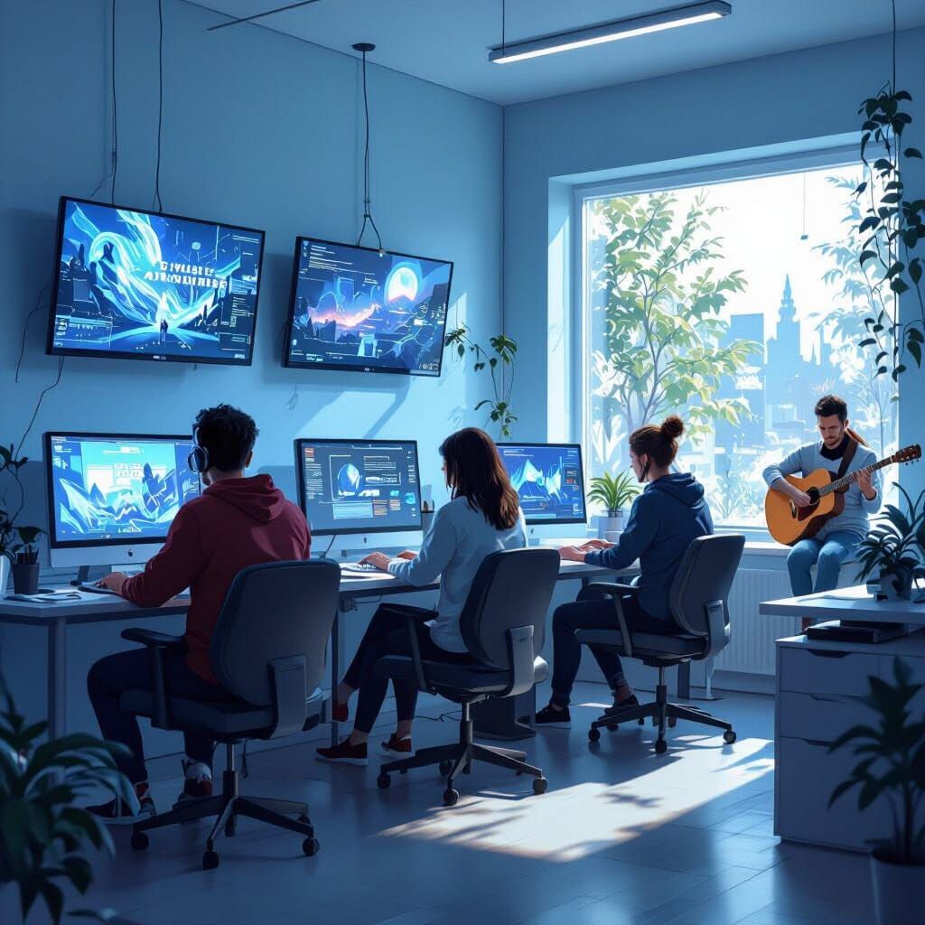 People Coding in Blue Room, Digital Painting Style
