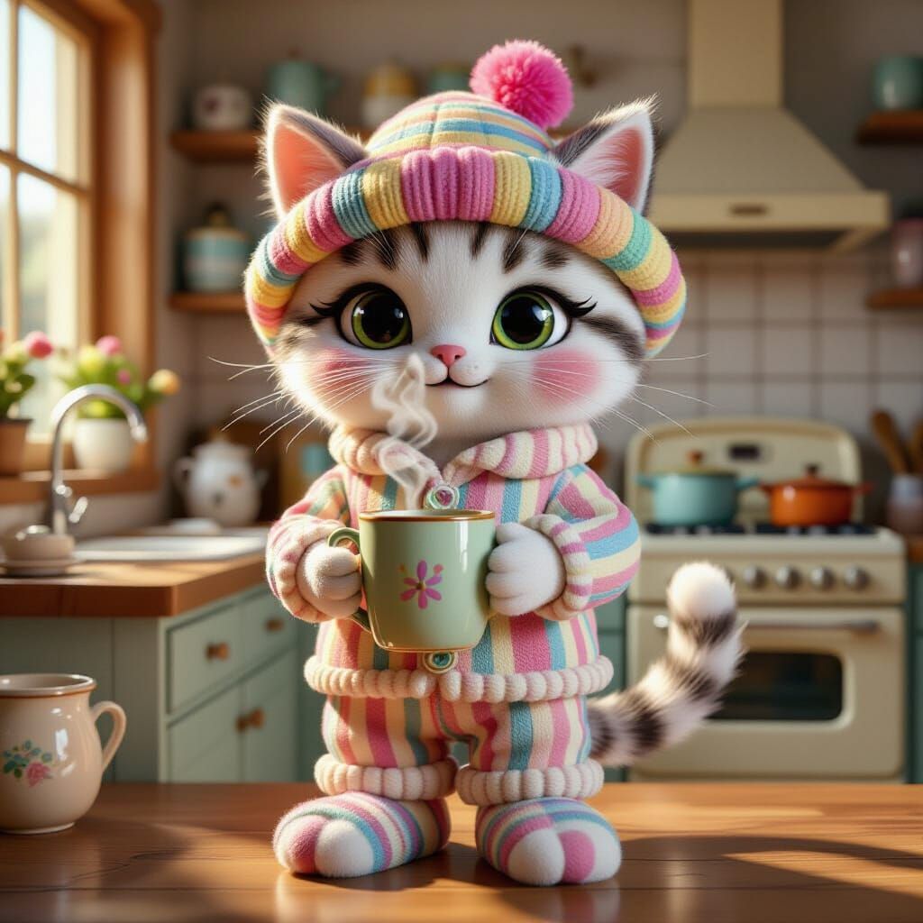 Felt Cat Sculpture in Retro Kitchen, Hyperrealistic Render