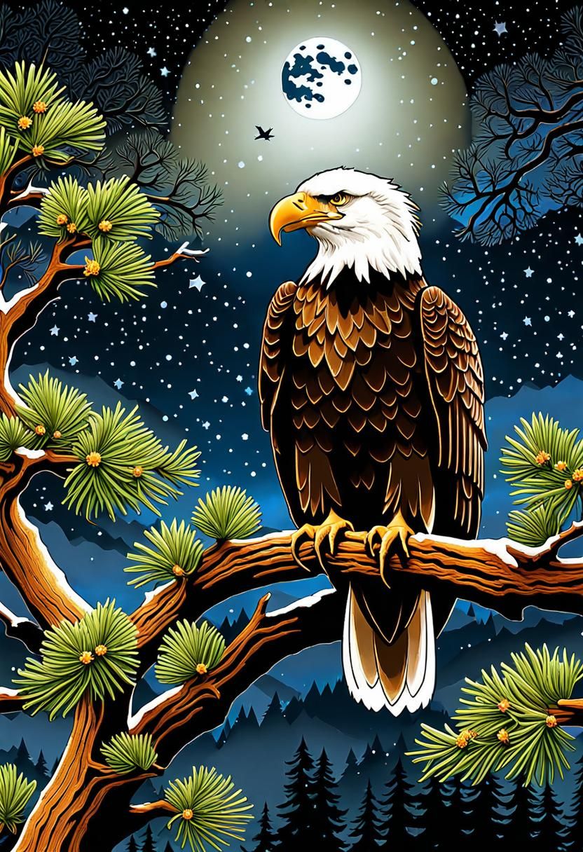 Winter Bald Eagle Perched on Oak Tree: Digital Watercolor