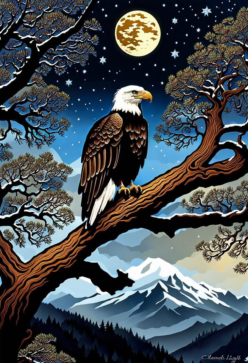Bald Eagle in Winter Landscape with Watercolor Effects