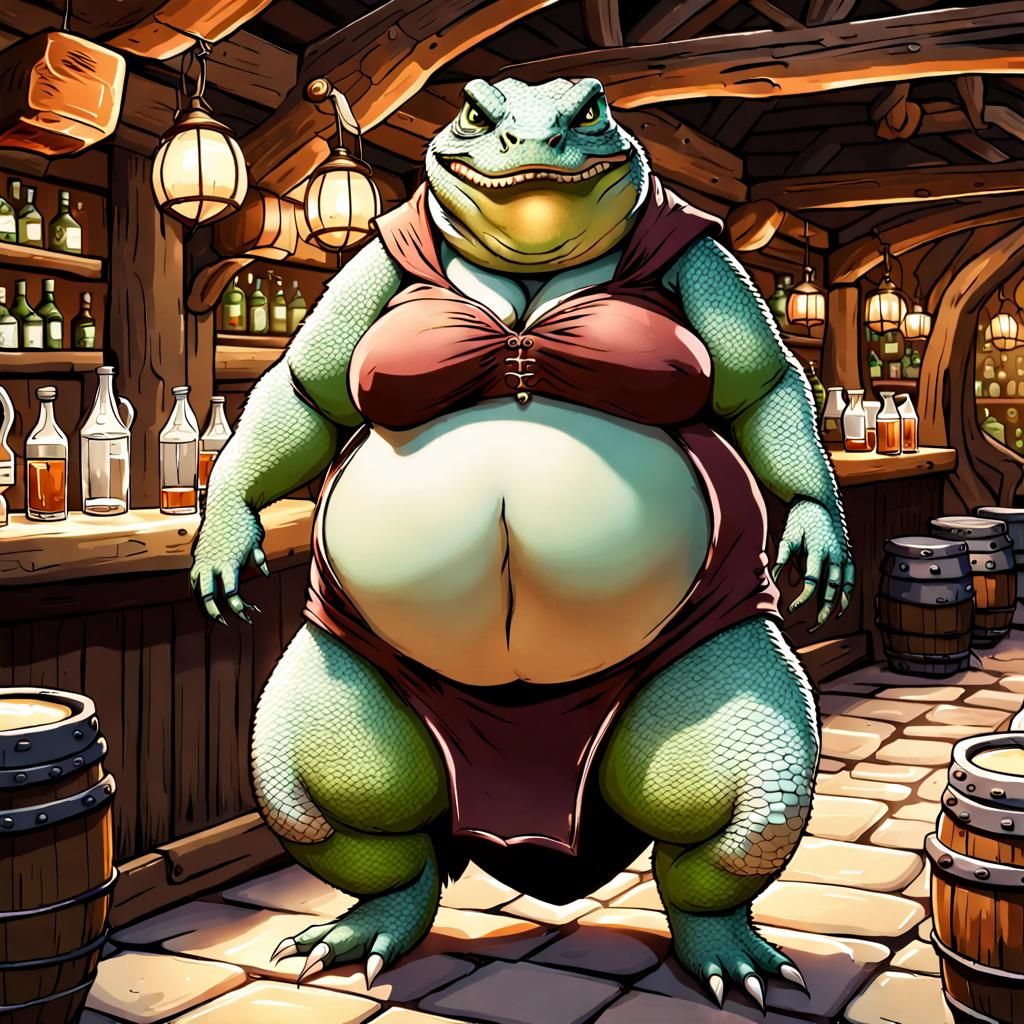 Anthro Lizard Woman Working at Tavern