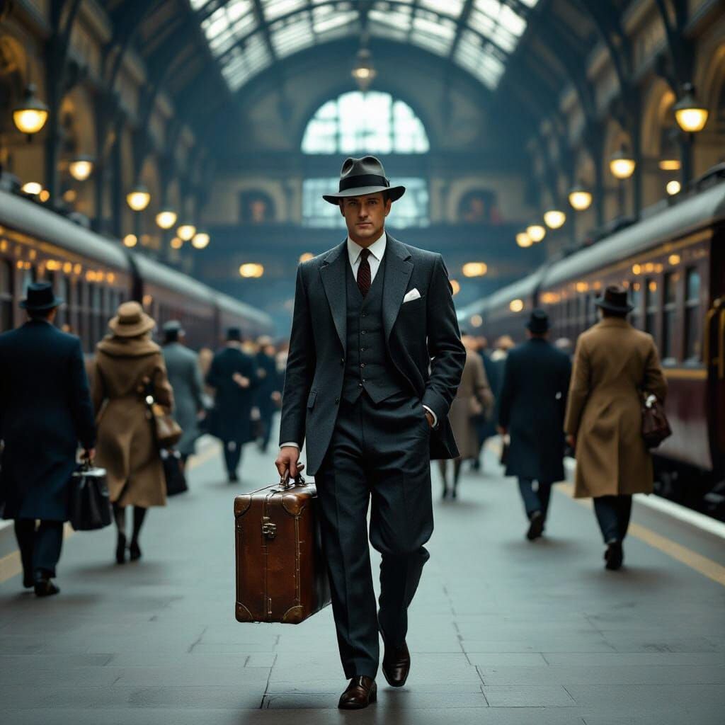 Elegant Man in Train Station, Cinematic Style