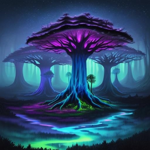 Glowing Graffiti Forest with Neon Mushrooms