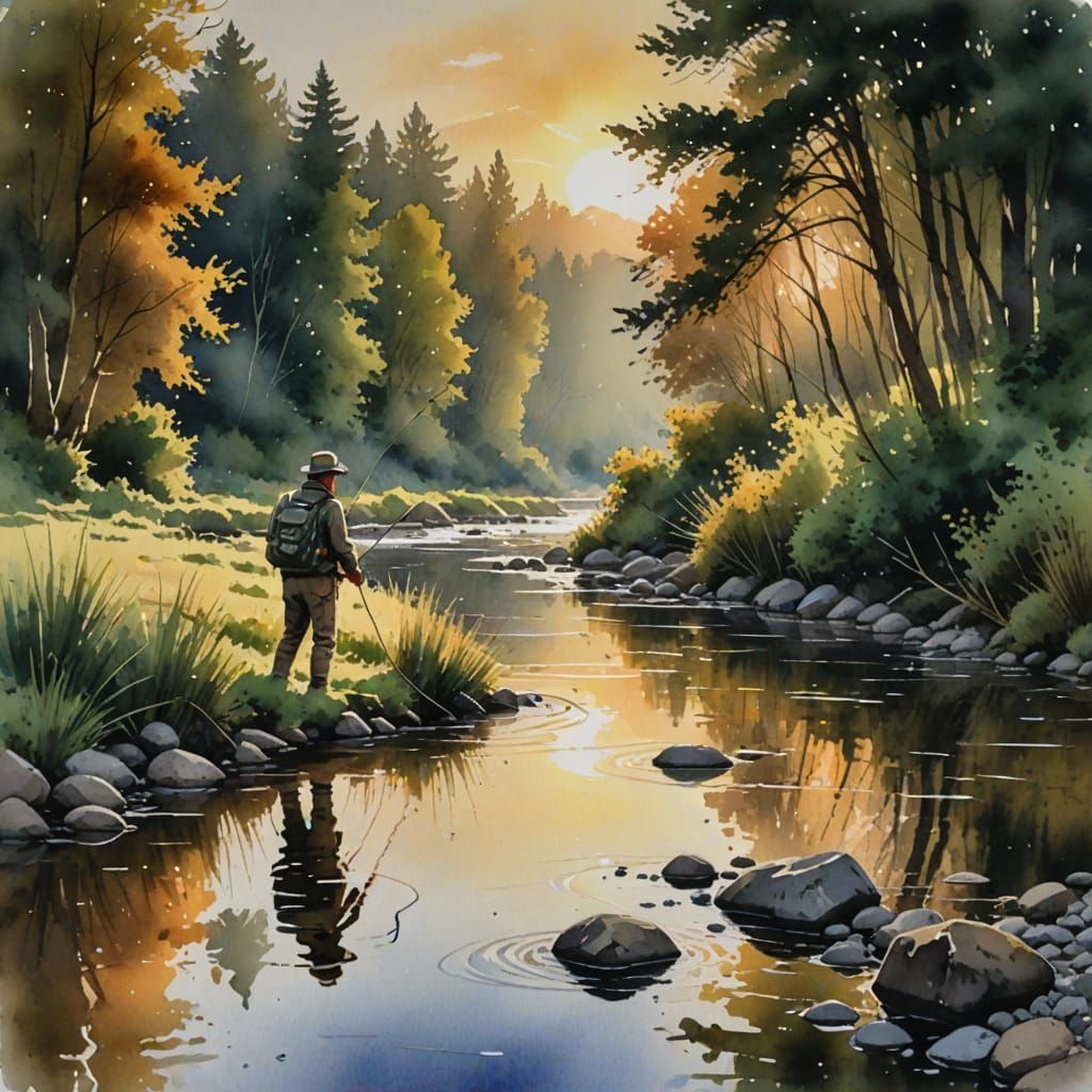 Watercolour Angler in the stream fly fishing serene riversid...