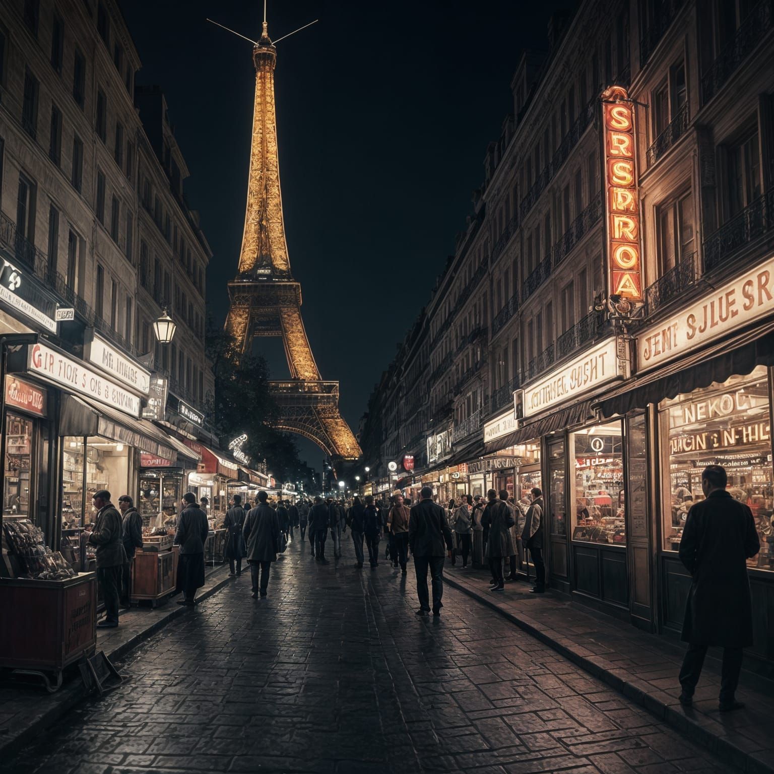 Parisian Night Market in Retro Cinematic Style