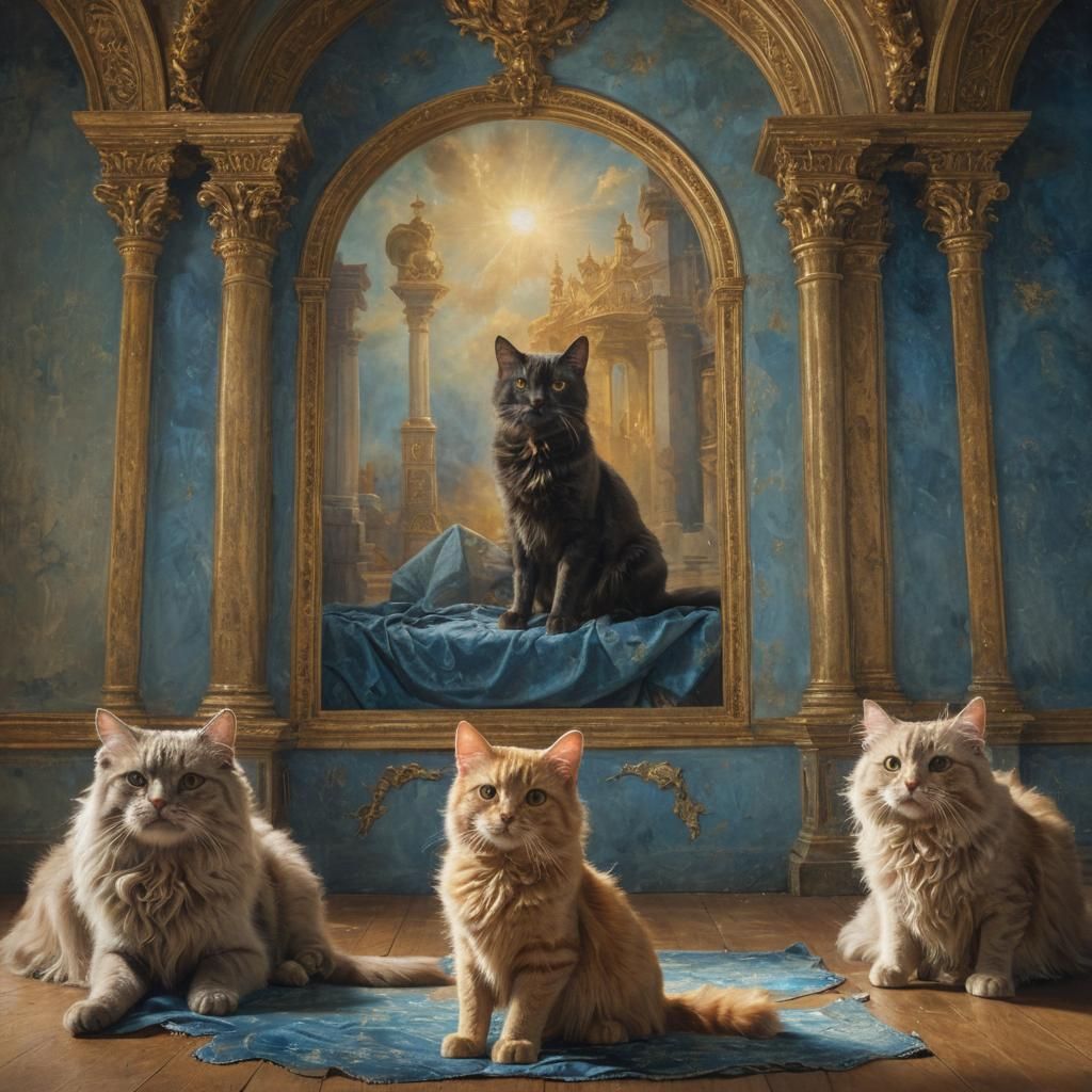 Mystical Cat and Dog Polyptych in Baroque Style