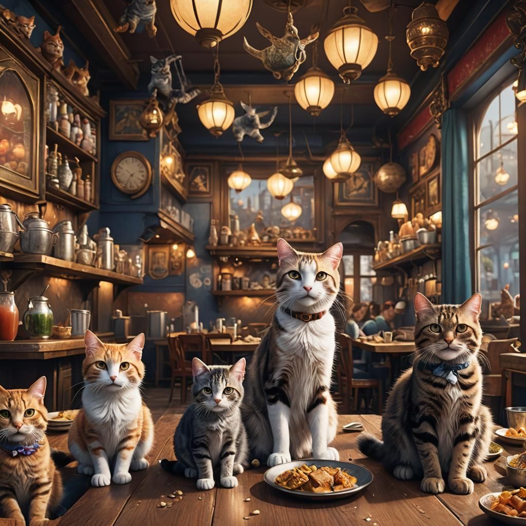 Cats Enjoying a Meal in Feline Restaurant
