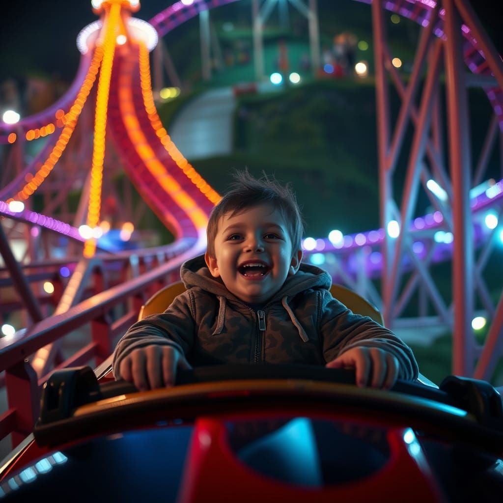 Excited Child on Rollercoaster at Night