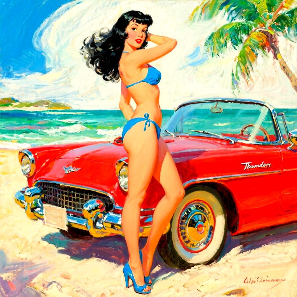 Retro Pin-Up Girl on Tropical Beach as Oil Painting