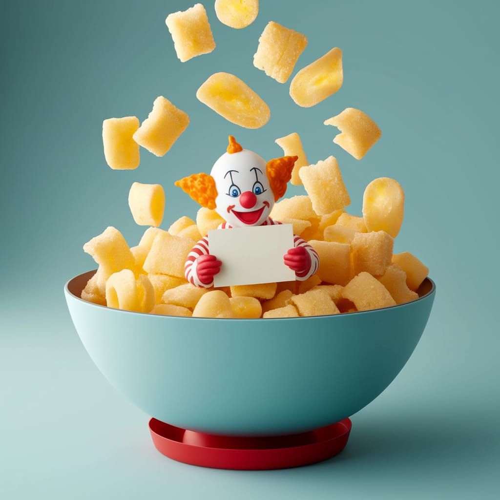 Whimsical Clown and Soup Nuts in Flight