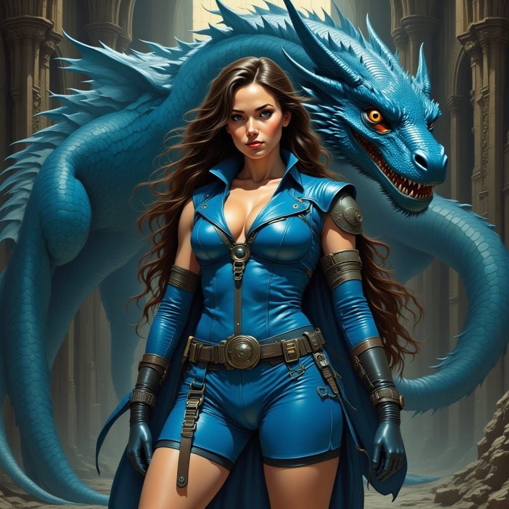 Woman and Dragon in Dark Academia Comic Style