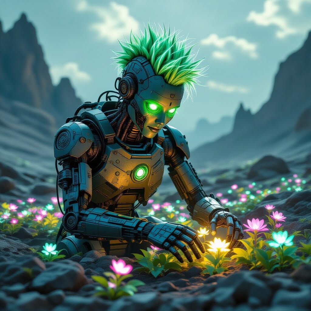 Dieselpunk Golem: Bioluminescent Garden in Cyberpunk Style