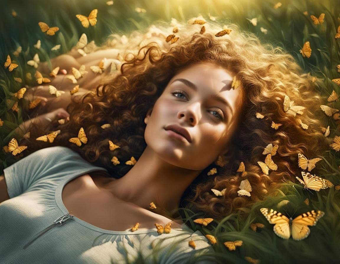 Woman with Butterflies in Hair, Realistic HDR Portrait