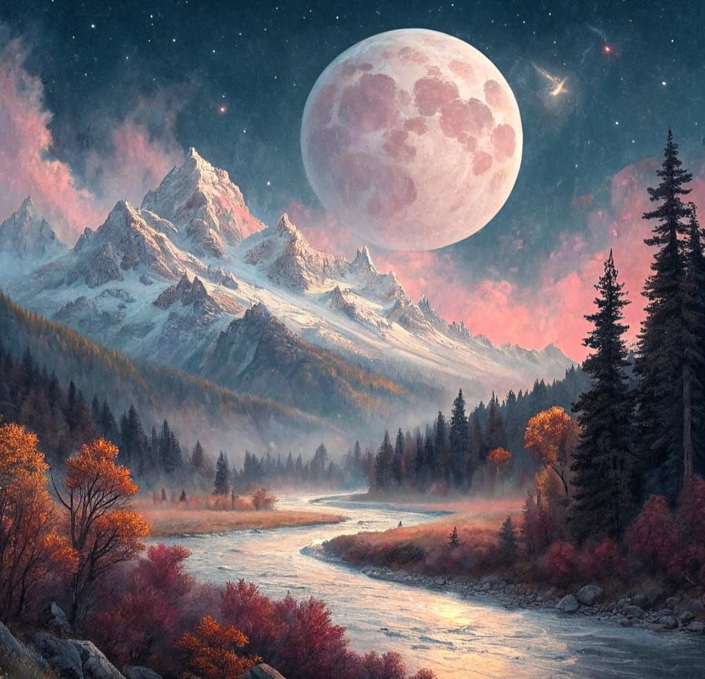 Pearly Pink Moon Over Snowy Mountains