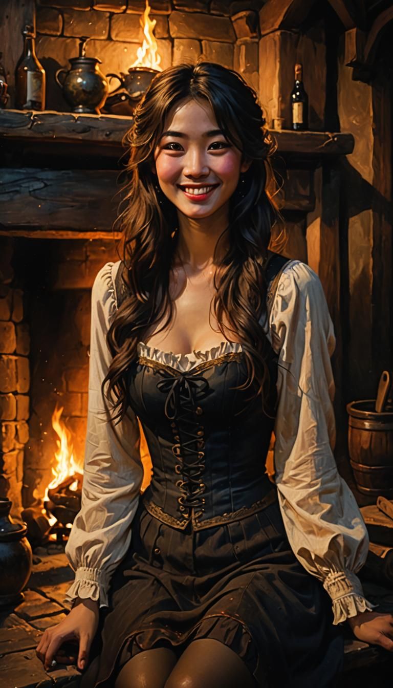 Woman Lounging by Fireplace in Chiaroscuro Style