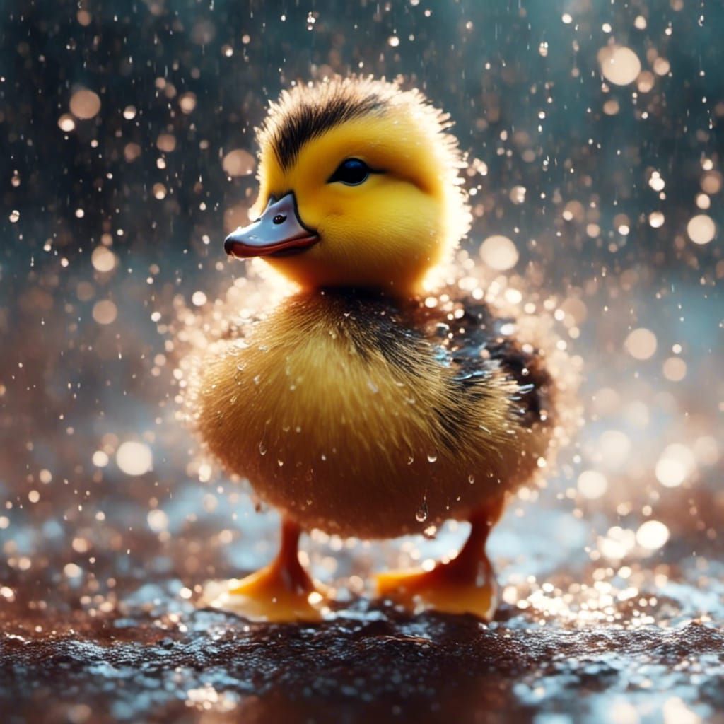 Cute Duckling in Puddle on Rainy Day