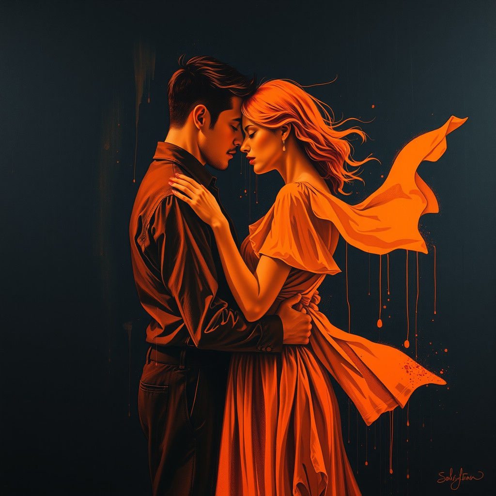 Expressionist Painting of Lovers' Embrace in Orange