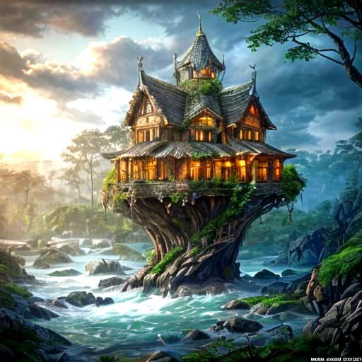 Fantasy Forest House with Shaped Roofs in CGI Style