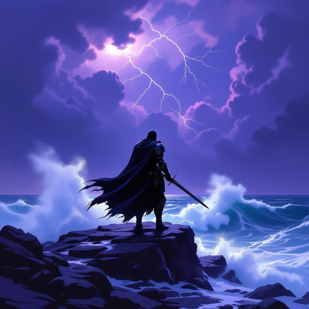 Knight Defies Stormy Seas in Epic Fantasy Art