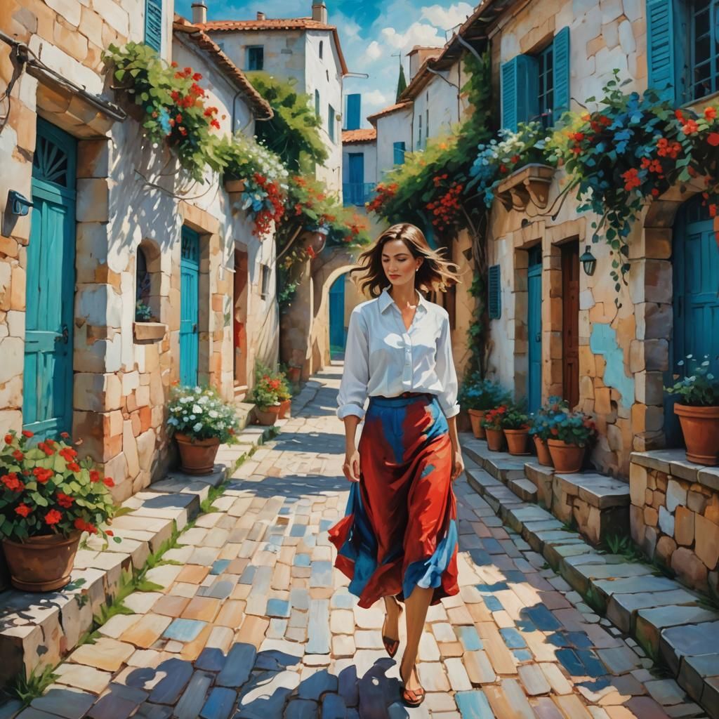 Elegant Woman on Cobblestones in Impressionist Style