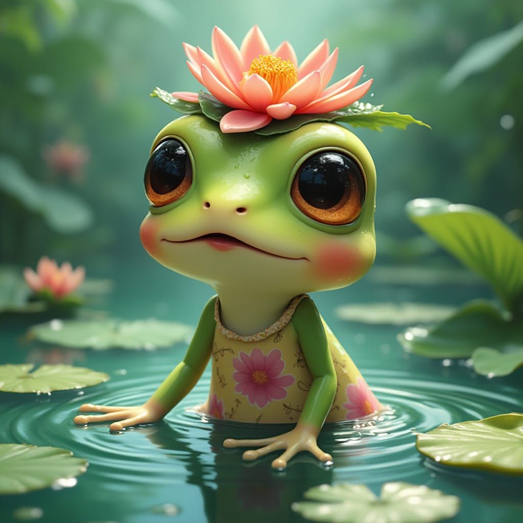 Frog's Lily Pond Surprise in Anime Style