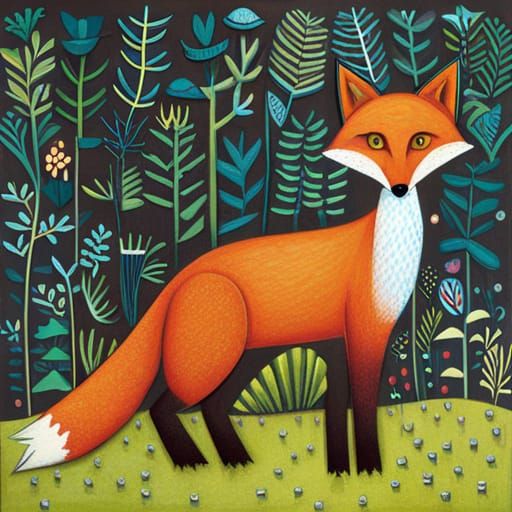 Fox Image in Nature Print Style