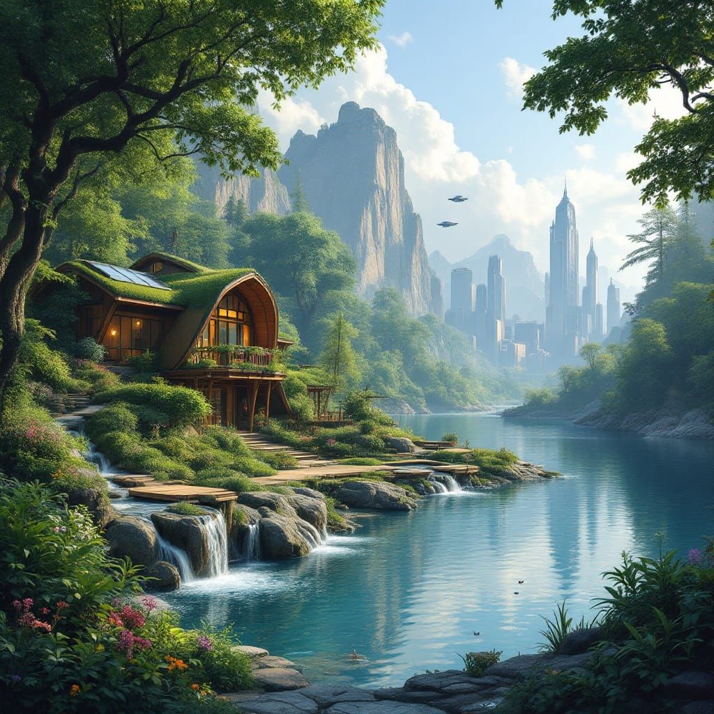 Surreal Solarpunk Oasis on Serene Lake with Eco-Friendly Arc...