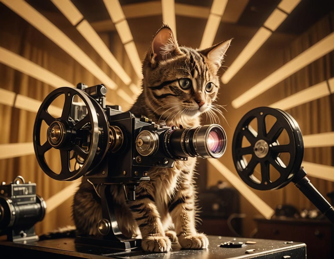 Kitten Operates Movie Projector in Retro-Futuristic Film Sti...