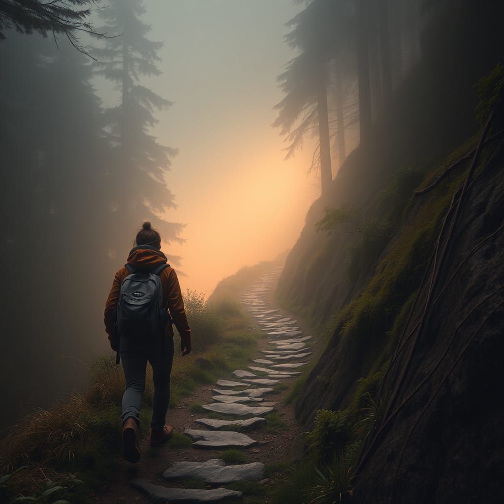 A Hiker Walks the Path of Rising Light Through a Foggy Fores...