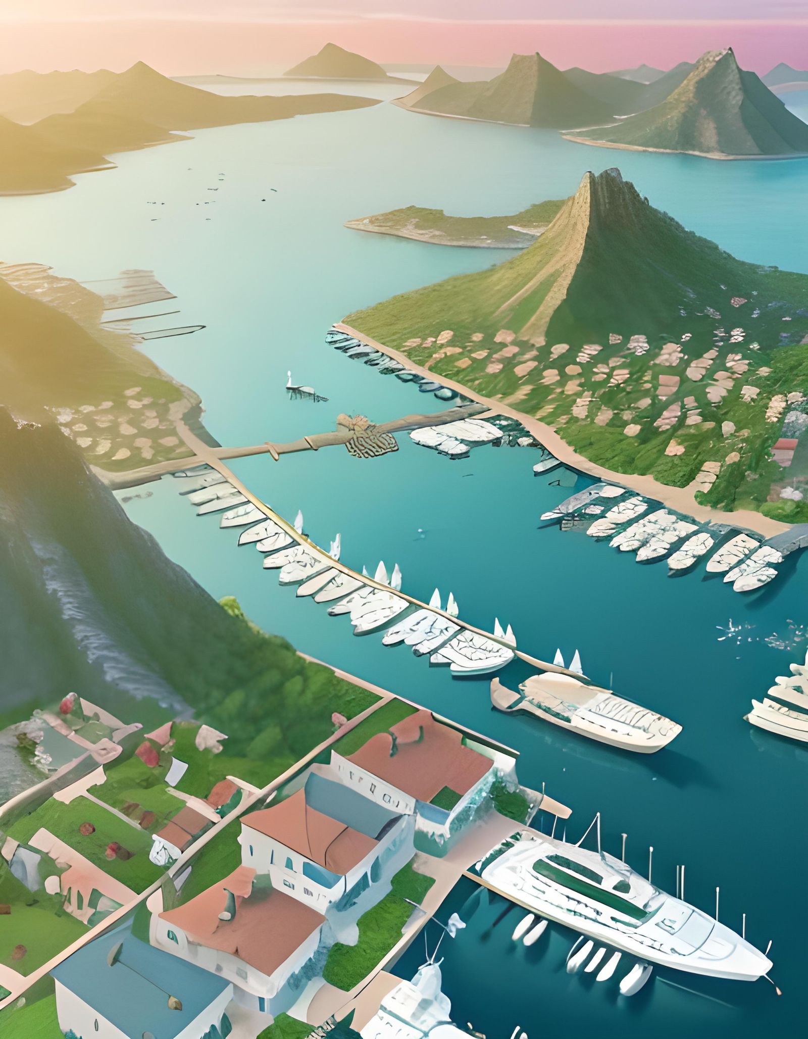 Fantasy Harbor Sunset in Banksy Origami Style