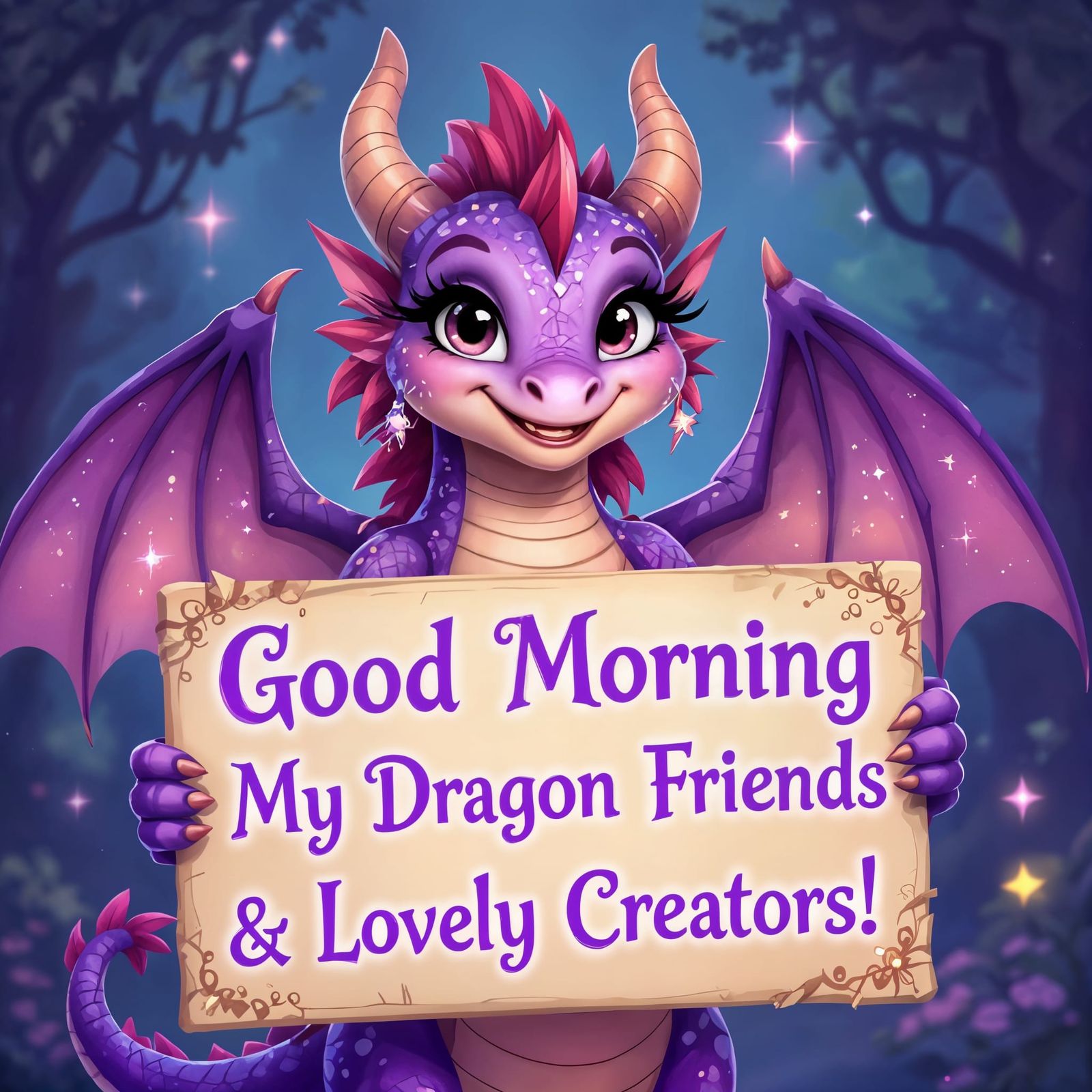 Smiling Purple Dragon with Glittering Wings