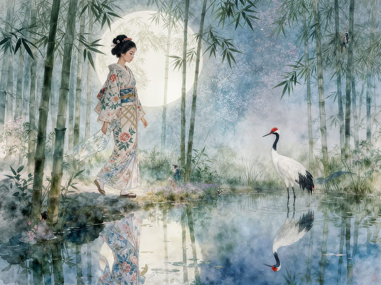Geisha in Moonlit Bamboo Forest with Crane