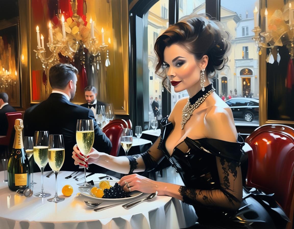 Goth Sommelier Serving Champagne: Oil Painting Style