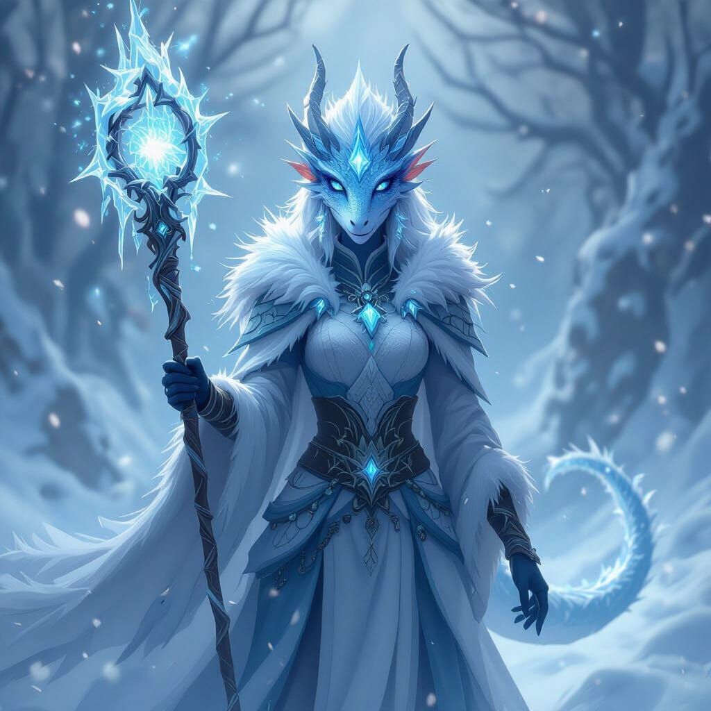 Frost Dragonborn Sorceress in Blizzard, Anime Style
