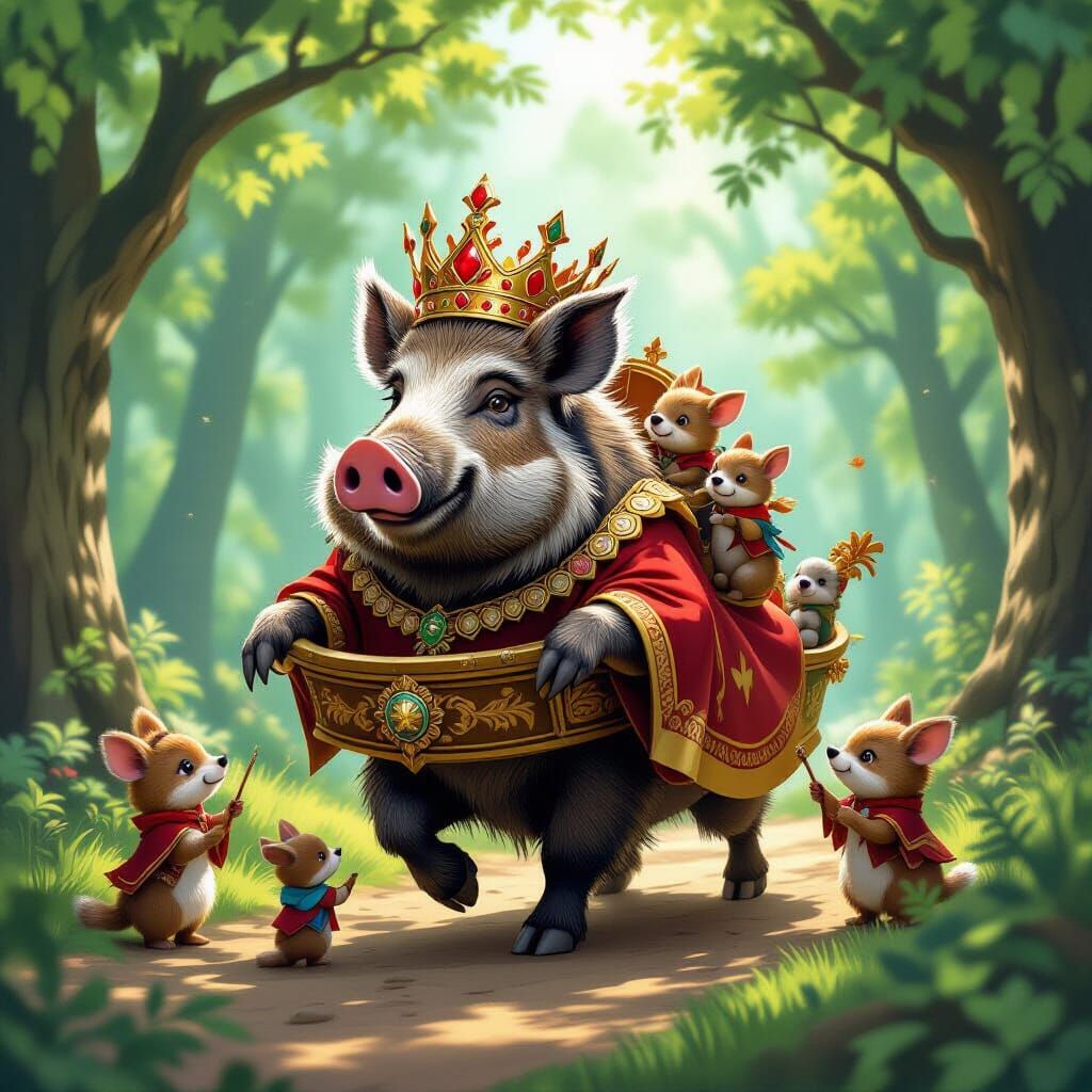 Wild Boar King in Regal Robes in Enchanted Forest
