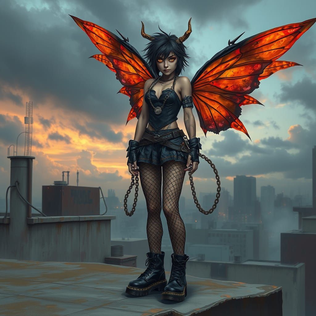 Punk Fairy with Metal Wings in Digital Airbrush Style