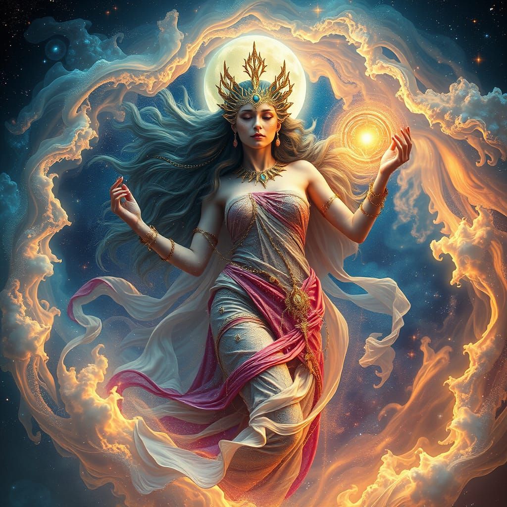 Goddess of Dreams Emerges from Nebula in Mucha Style