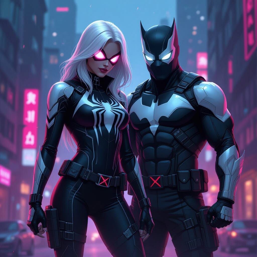 Ghost Spider and Winter Soldier in Neon Cityscape