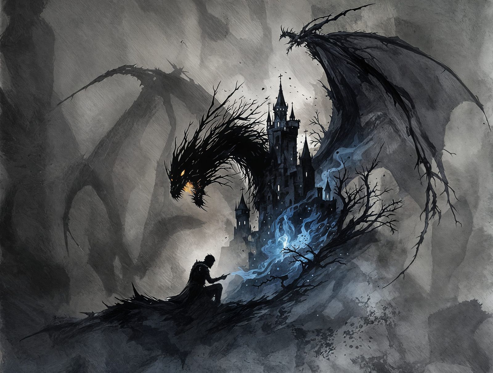 Gothic Knight Amidst Dragon and Fortress in Impressionistic ...