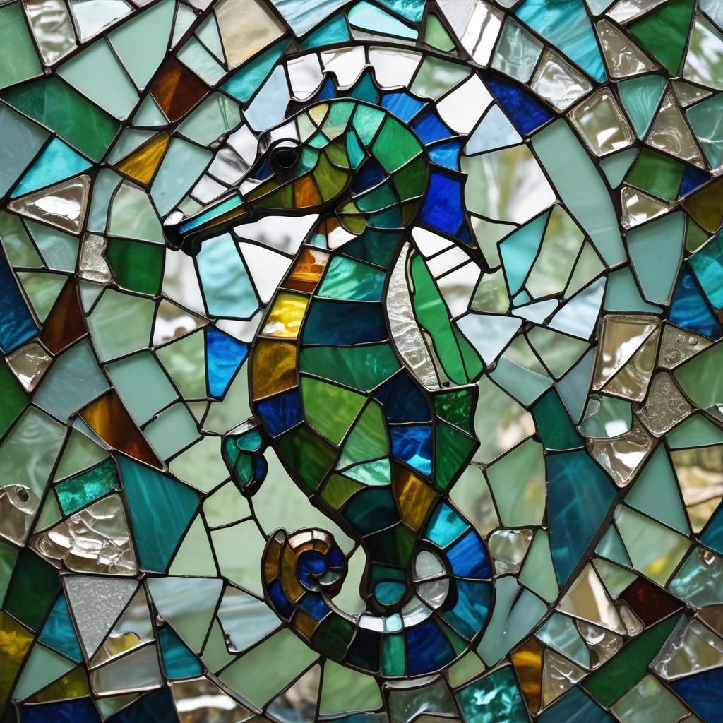 Cubist Stained Glass Seahorse in Vibrant Colors