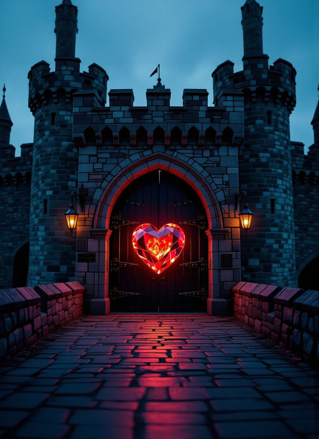 Glowing Ruby Heart at Castle Doorway: Cinematic Film Still