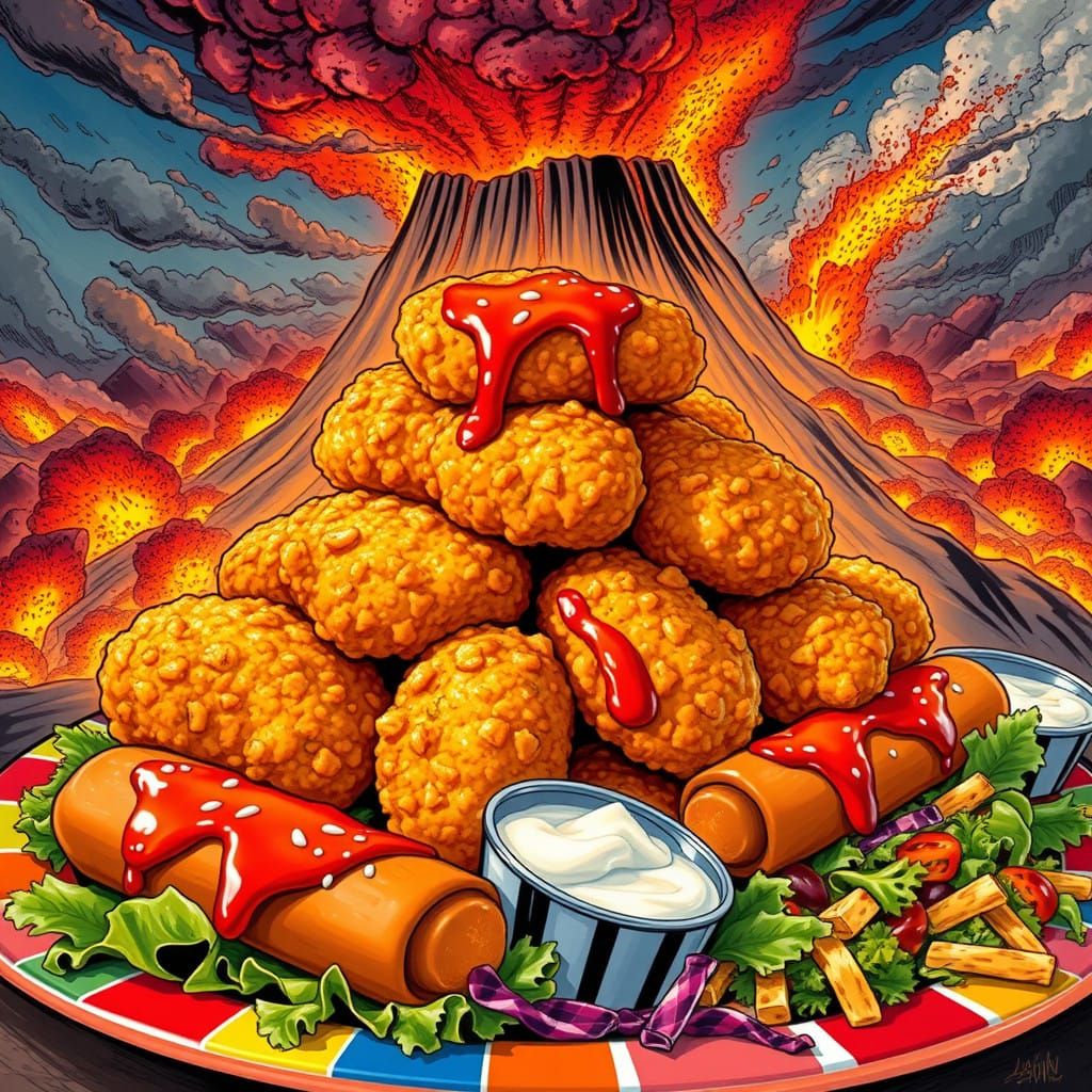Giant Chicken Nuggets Feast Amidst Erupting Volcano
