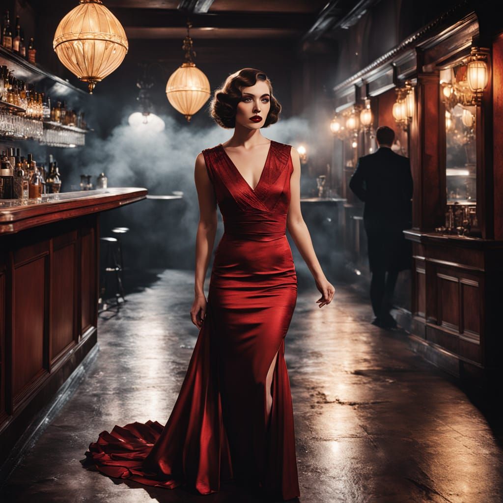 Sensual Woman in Red at 1920s Speakeasy