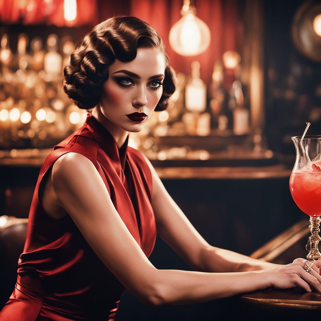 Speakeasy Seductress in Red: 1920s Cinematic Portrait