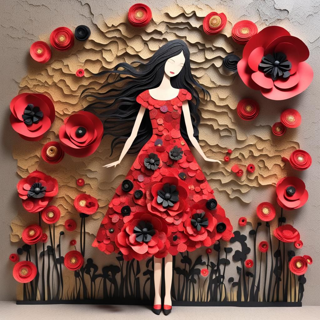 Poppy Paper Flower Woman in Whimsical 3D Folk Art